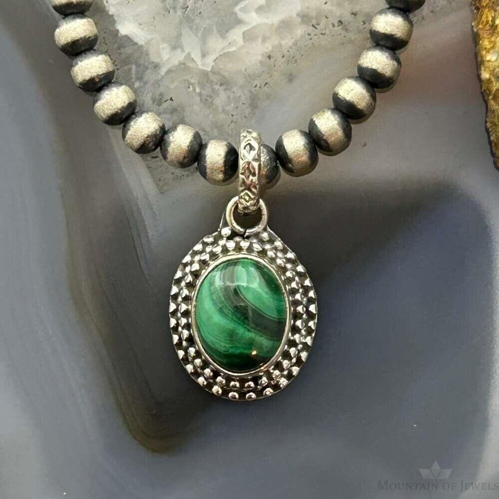 Sterling Southwestern Style Oval Malachite Decorated Charm/Pendant For Women